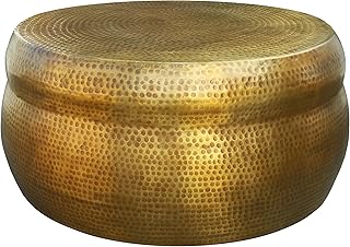 The Urban Port 32-Inch Artisanal Round Drum Coffee Table, Hammered Embossed Texturing, Aluminum, Antique Brass