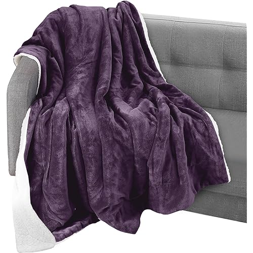 Elegant Comfort Throw Blanket, Reversible Sherpa Flannel, Ultra-Soft, Fuzzy, Cozy and Plush- All Season Lightweight Decorative Throw, 50 x 60 inches, Solid Sherpa Throw, Purple