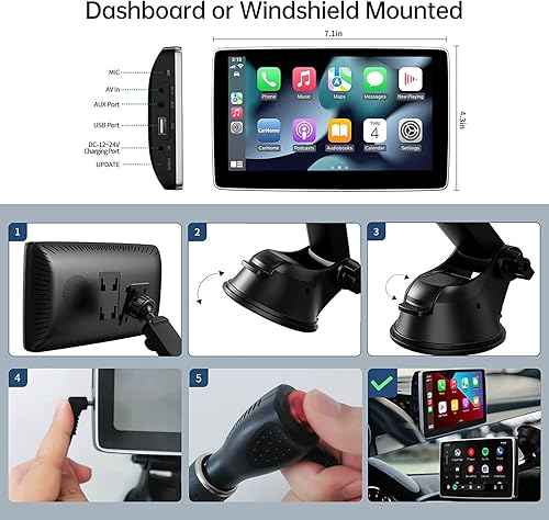 Miniatura 6 de Pantalla portátil de 7 pulgadas para Apple Carplay y Android Auto para coche, Apple CarPlay Dash Mount Pantalla de coche con