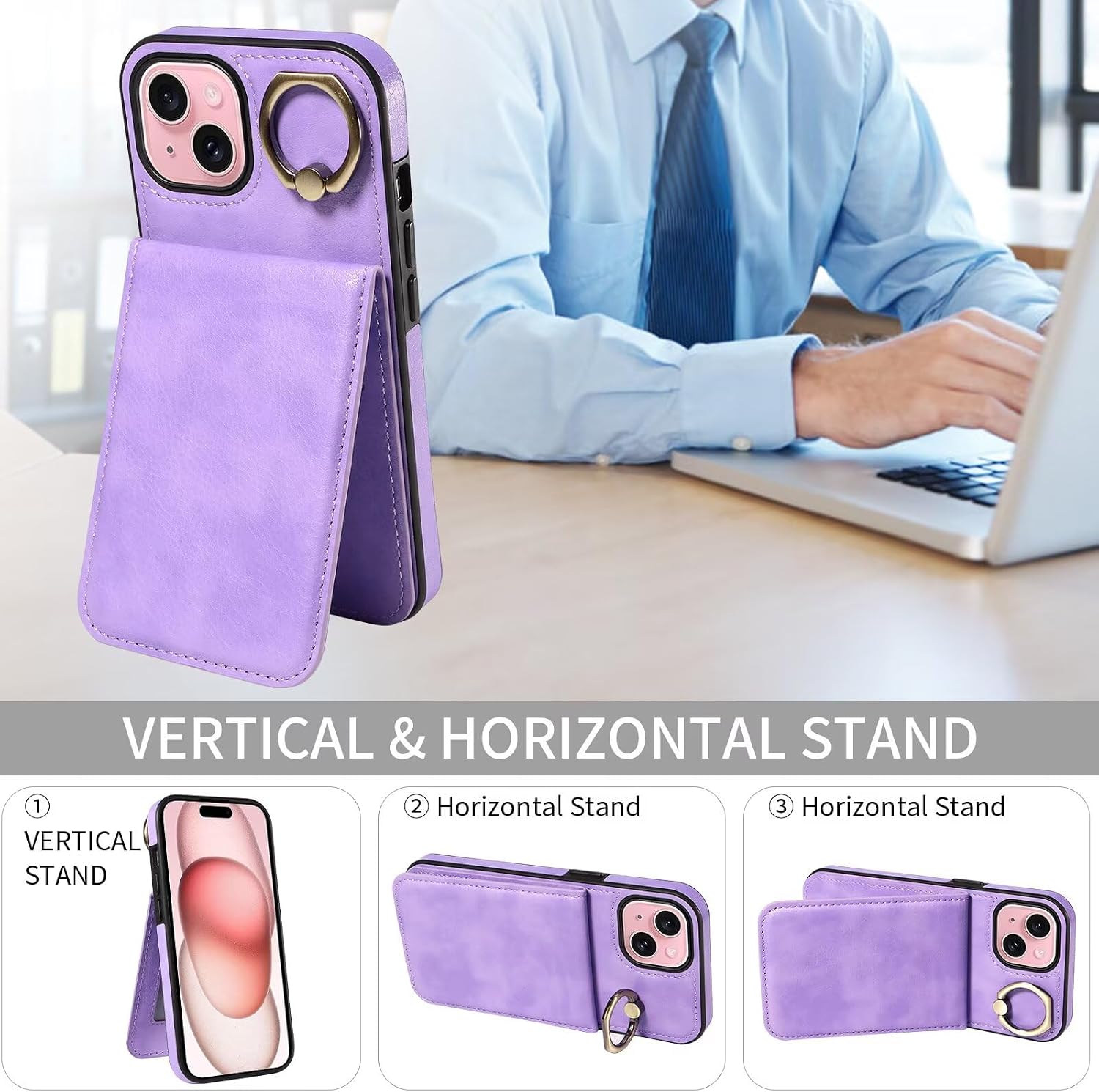 Caseurban Compatible with iPhone 15 Wallet Case with Card Holder, Ejector Pin & SIM Card Storage, 360° Rotation Ring PU Leather Kickstand Card Slots Case Shockproof Protective Phone Cover Purple