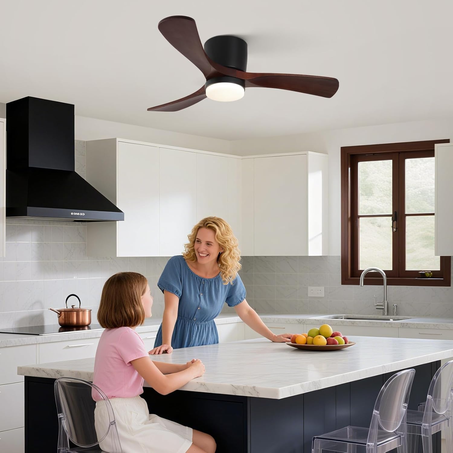 GESUM 42" Ceiling Fan with Lights Remote Control, Low Profile Ceiling Fan with 3 Walnut Wood Blades, Reversible,Dimmable, Flush Mount Ceiling Fans for Living Room Kitchen Bedroom(Black+Walnut)