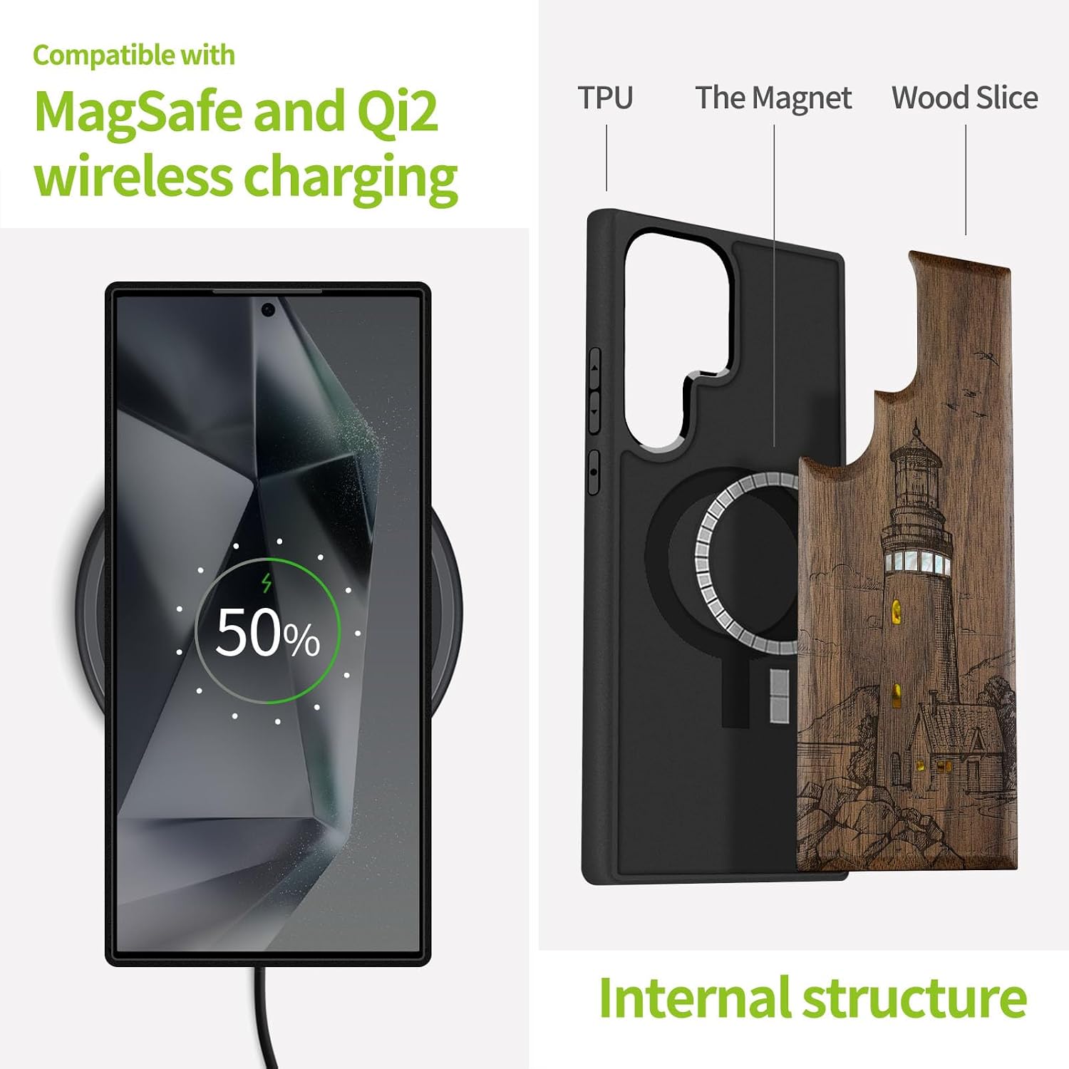 Carveit Magnetic Wooden Case for Samsung Galaxy S25 Ultra Case, Wood Artisan Engraved & Handmade Shell Inlaid, Compatible with MagSafe Wireless Chargers (A Flashing Lighthouse) Walnut