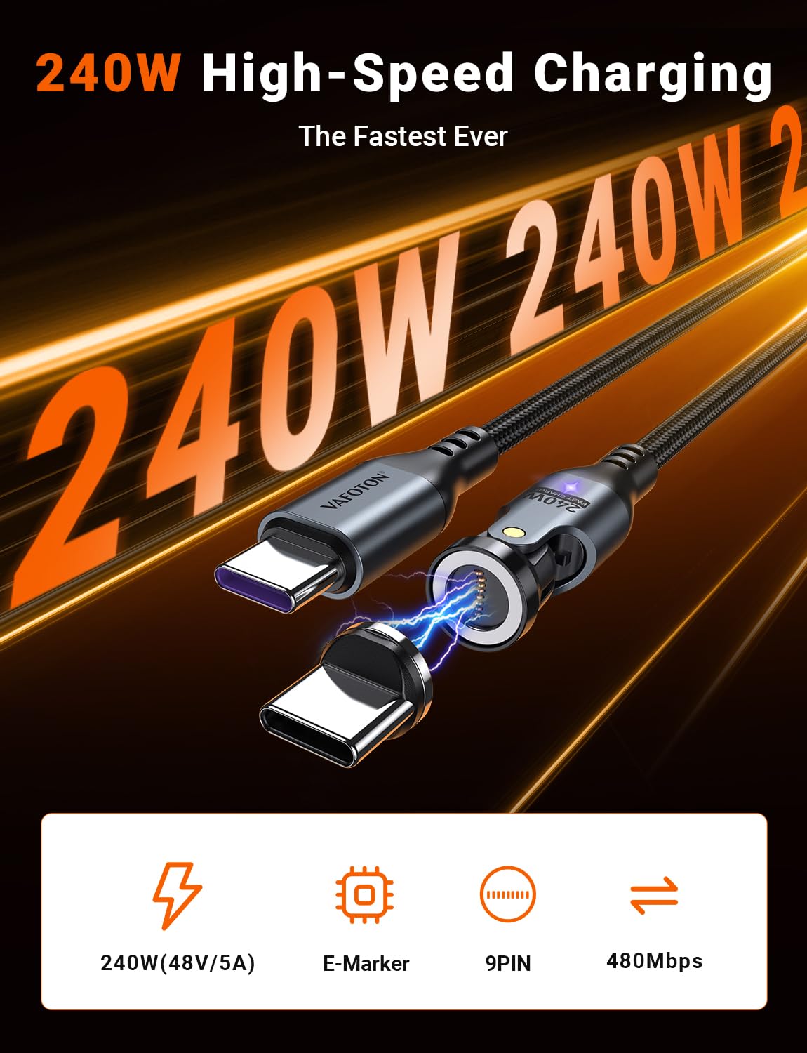 VAFOTON Cavo di ricarica magnetico USB C da 240 W (2