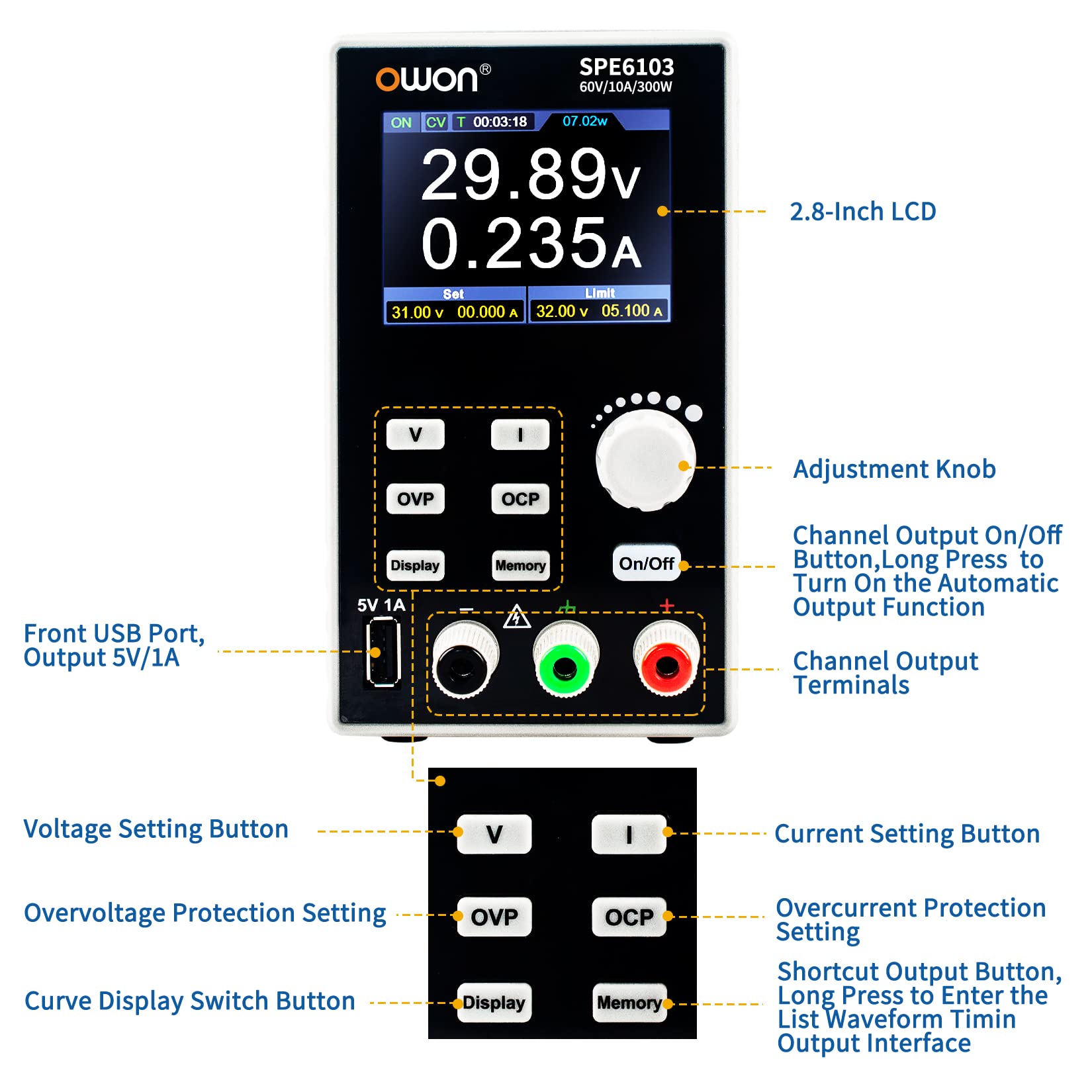 OWON SPE6103 Alimentatore da laboratorio programmabile (0-60 V 0-10 A), alimentatore CC da banco da 300 W con display LCD da 2,8 pollici, uscita a canale singolo con software per PC e ricarica USB