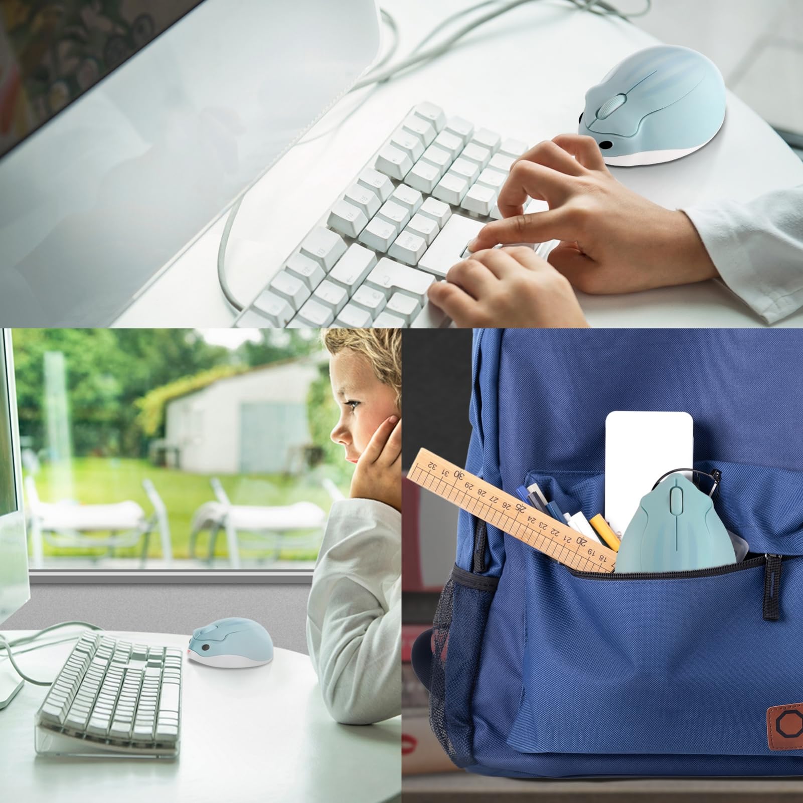 Urocza mysz bezprzewodowa 2,4 G, kawaii, chomik, cicha, przenośna, bezprzewodowa, 1200 DPI z odbiornikiem USB, do laptopa, MacBooka, notebooka, prezenty dla dziewczynek (niebieska)