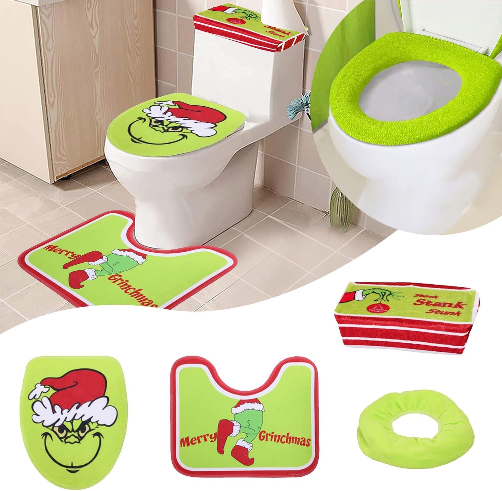 FRJINIE 4 Pcs Christmas Bathroom Decorations Sets,Grin-ch Bathroom Decorating Set,Includes Green Monster Toilet Seat Cover, Toilet Lid Cover, Rug, Toilet Tank Cover Set Xmas Indoor Decor (A)