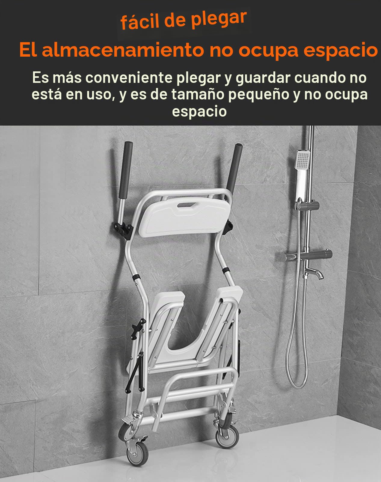 Silla para Ducha con Ruedas, Taburete de Ducha Plegable con Rueda de Freno Giratoria de 360° y Diseño Hueco en Forma de U, Silla de Baño para Ancianos y Mujeres Embarazadas, Aleación de Aluminio