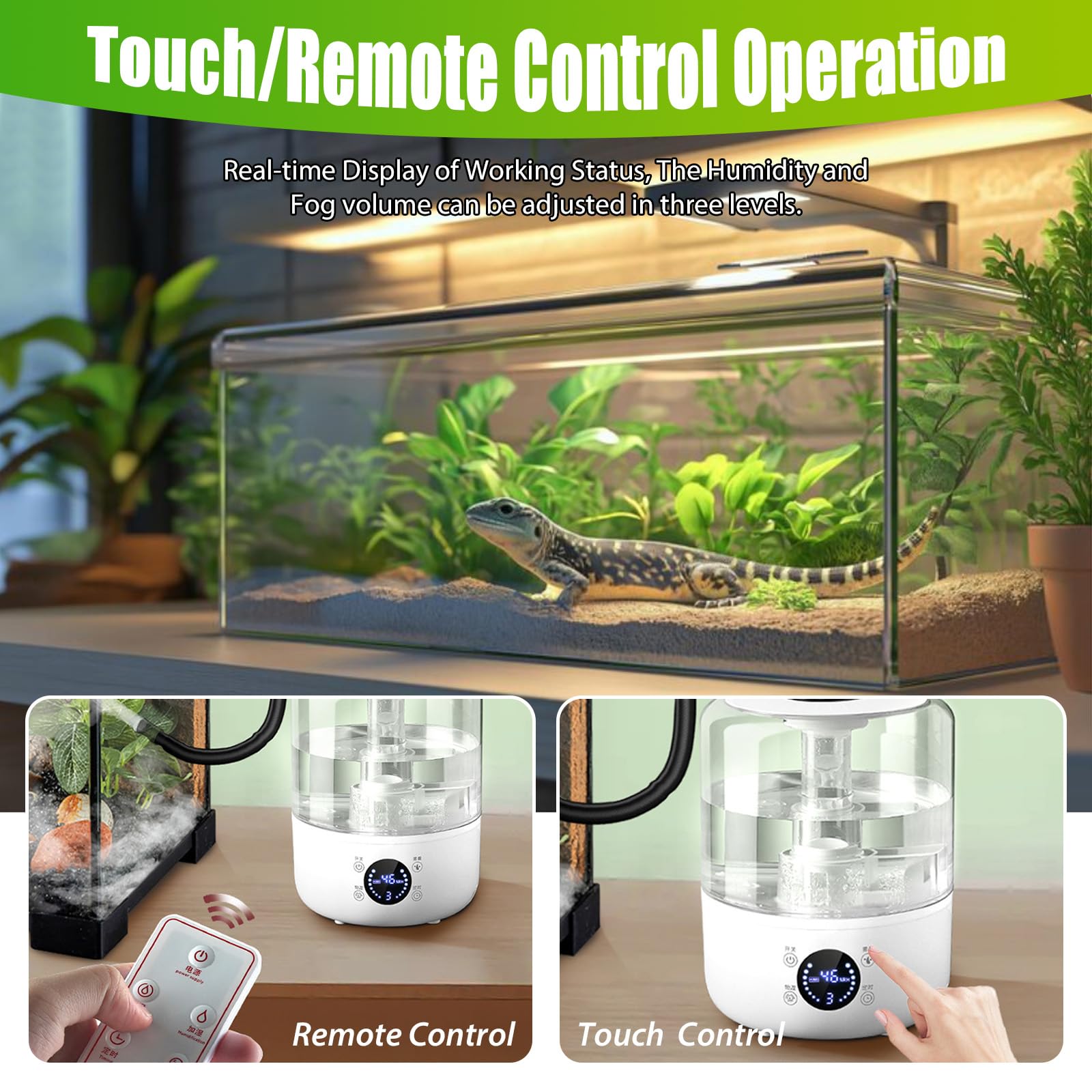 Terrario humidificador de reptiles de 3,5 l, máquina de humo ultrasónica de doble tubo con control remoto, fogger silencioso, protección de funcionamiento en seco de 3 etapas, para reptiles, anfibios