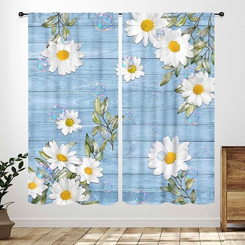 Miniatura 19 de Cortinas rústicas de cocina con margaritas, flores amarillas, margaritas, madera, naturaleza, granja, retro, sala de estar, dormitorio, cortinas