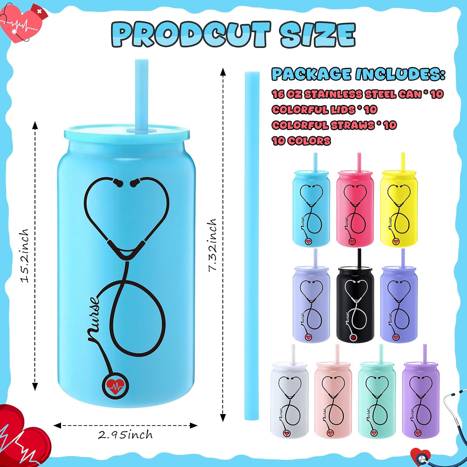 Sieral 10 Pack Nurse Appreciation Gift Bulk for Women 16 oz Stainless Steel Cups with Lid and Straw CNA Nursing Week Thank You Gifts for RN Students Graduation Hospital Team Staff Employee (10 Color)