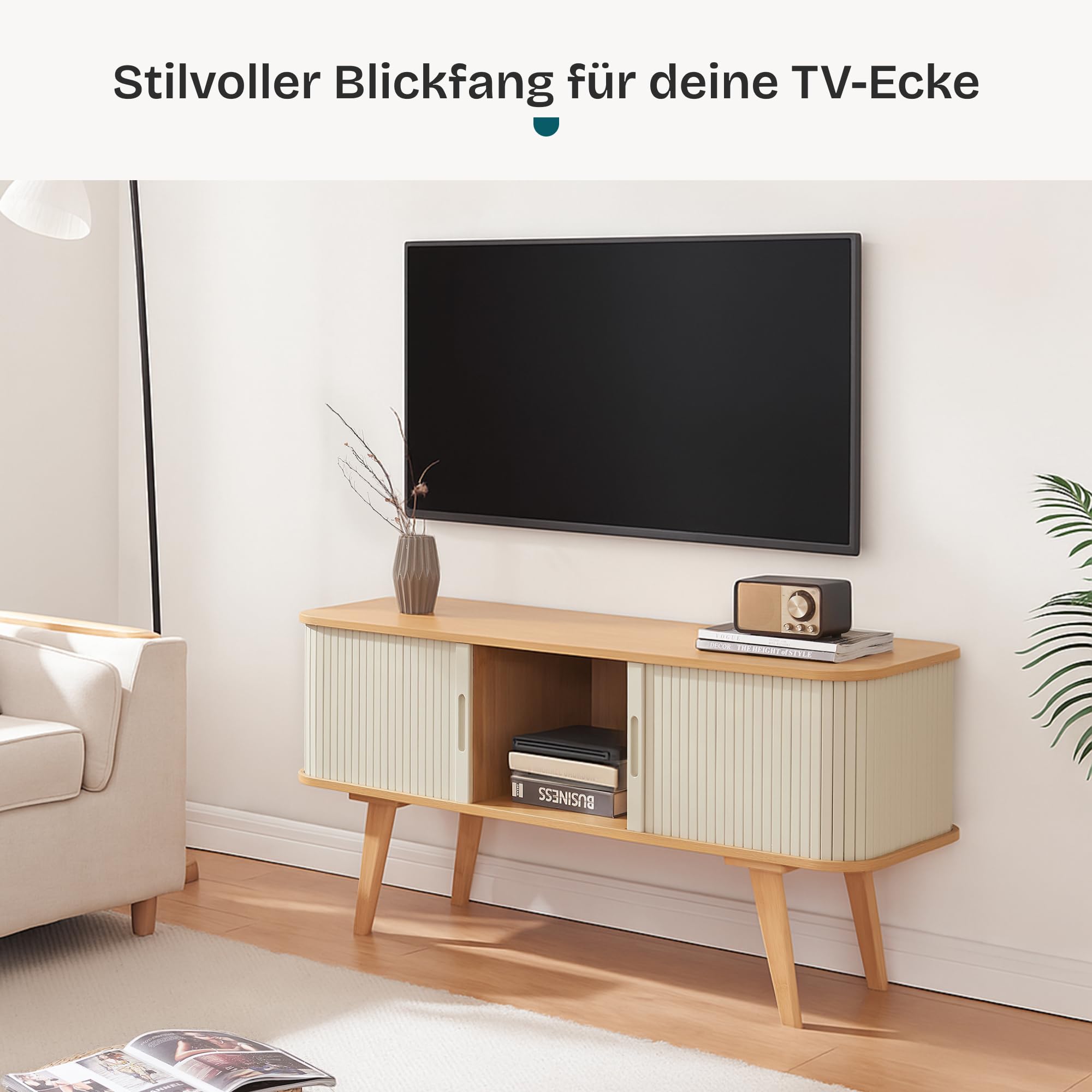 [en.casa] TV Schrank Tysvær Lowboard mit 2 Schiebetüren Cremeweiß Fernsehtisch mit Kabeldurchlass TV Kommode Fernsehschrank 120 x 40 x 58 cm Bambus