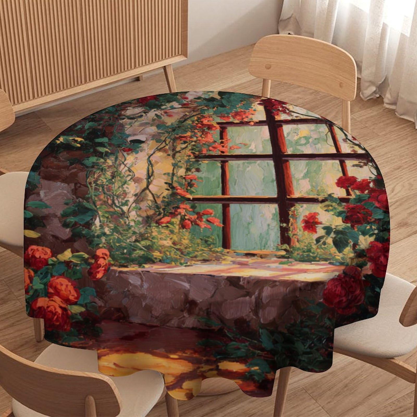 LUYYSKY Rustic Realistic Roses Flowers Round Tablecloth Vintage Gothic Spring Window Plant Red Roses Pattern Washable Decor for Table Cover for Kitchen-127 Wx127 L cm