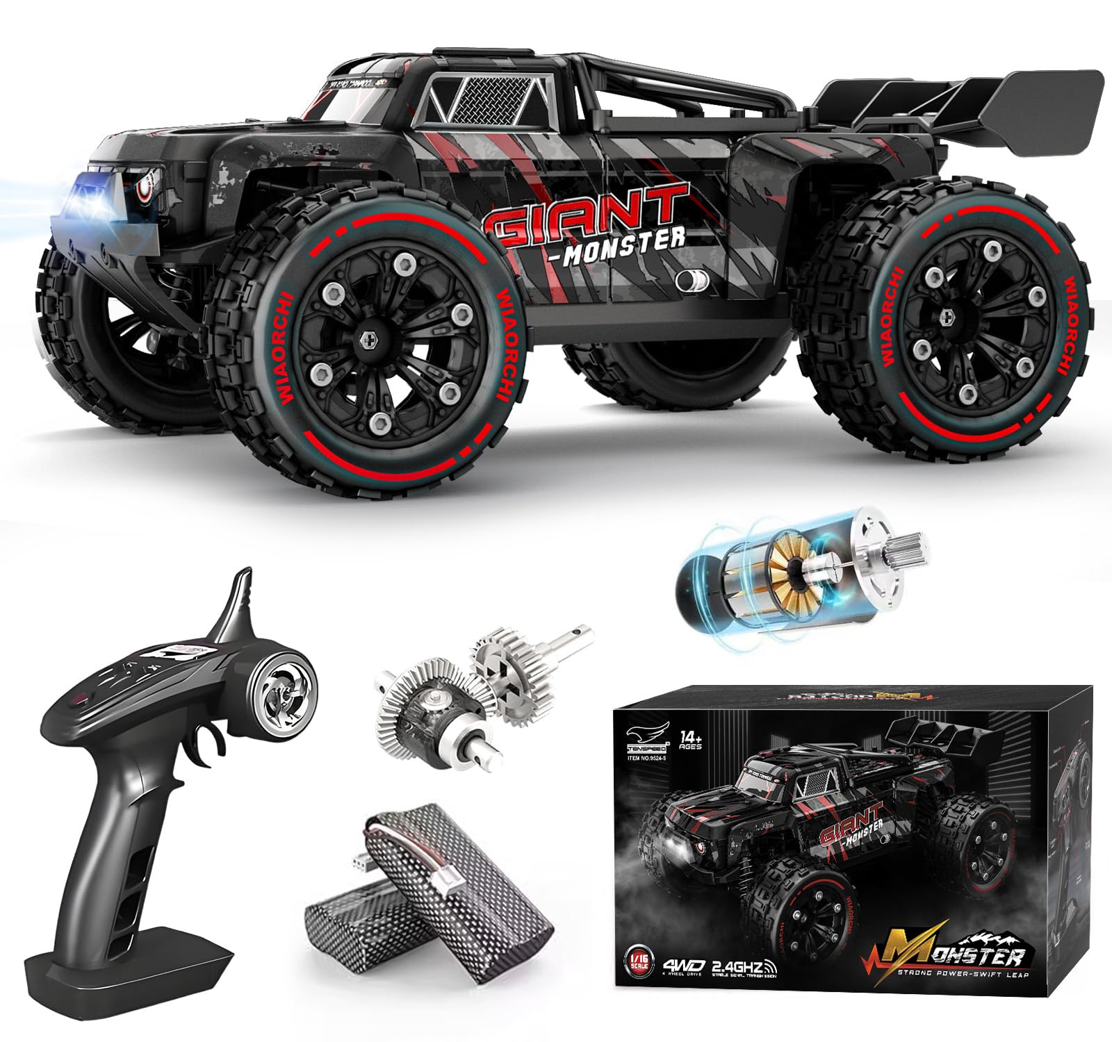 1:16 Scale All Terrain Fast RC Cars for Adults 40KPH, 4WD Electric Off-Road Remote Control Monster Truck with Metal Chassis, 2.4Ghz High Speed Car, Waterproof RC Truck with 2 Batteries for Boys & Kids Black 1:16