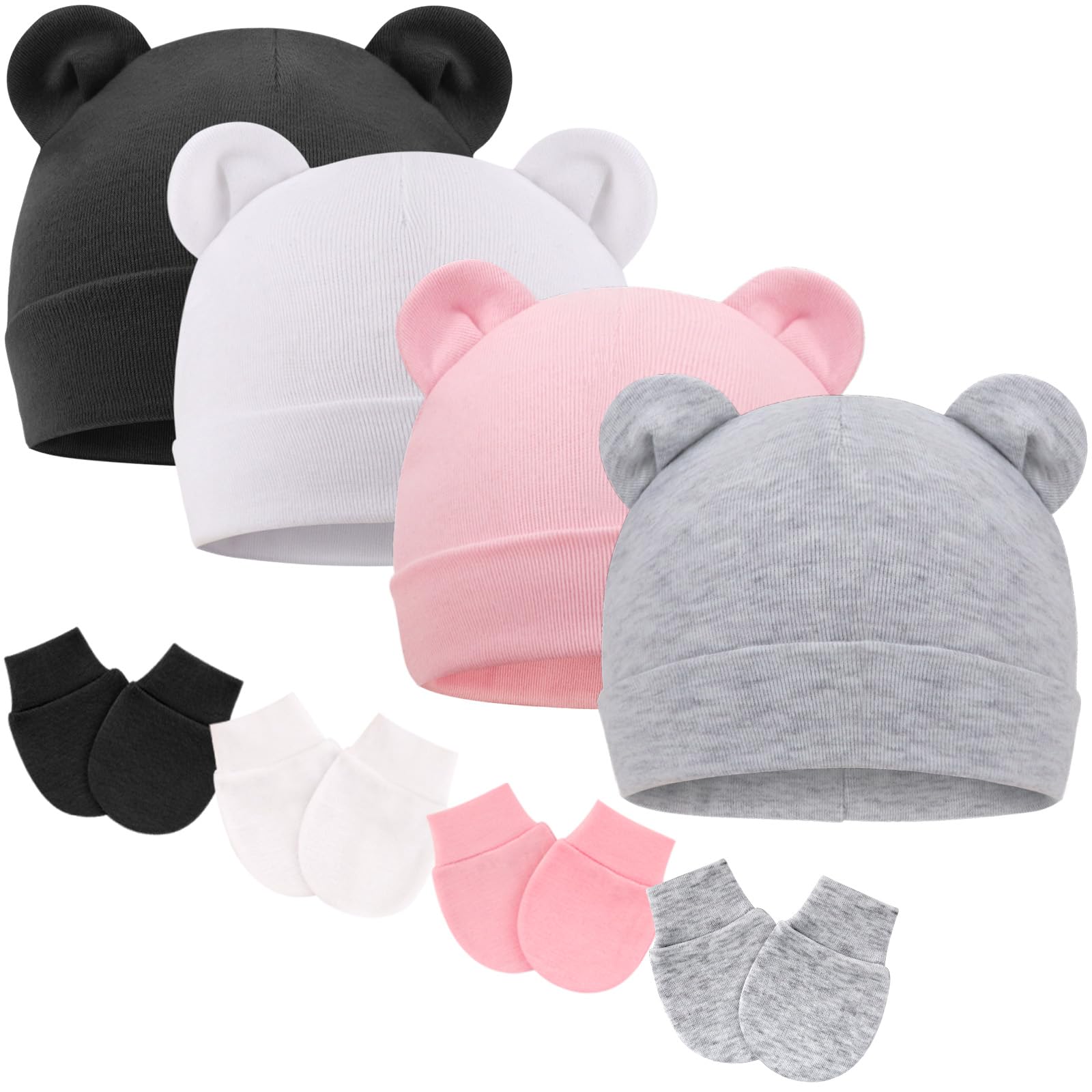DRESHOW Newborn Baby Hats Mittens Set Hospital Hat Beanie Bear Ears Infant Caps Baby No Scratch Mittens for 0-6 Months