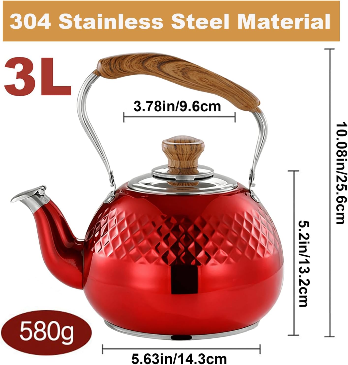 Whistling Tea Kettle Stovetop, Red Hammered Teakettle, 304 Stainless Steel Tea Pot, Loud Whistle Teapot for Coffee, Milk 3.2 Quart / 3 Liter(Red)