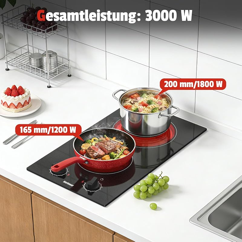 Karinear 2 égőfejes elektromos főzőlap 30 cm, 3000 W, fekete üveg