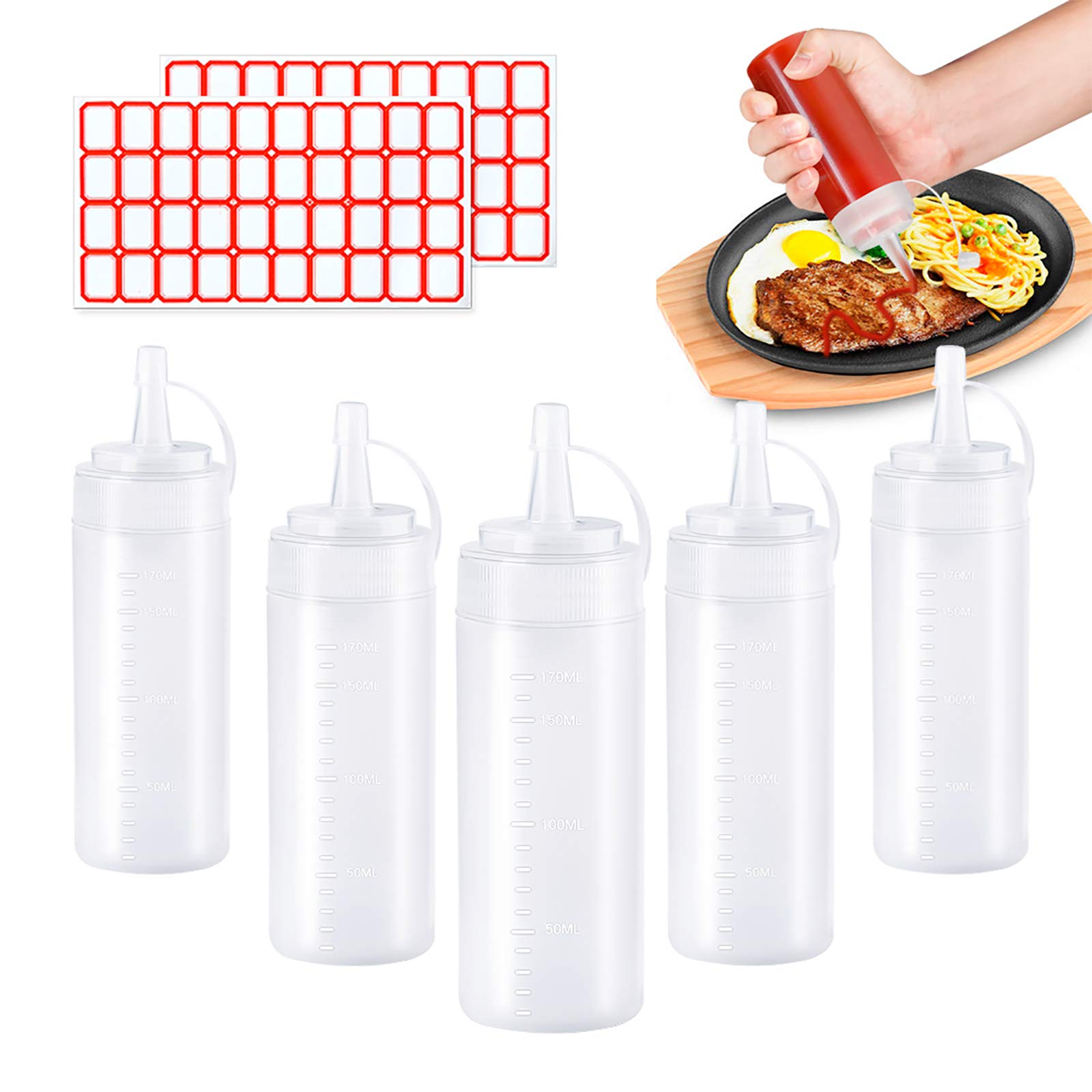 Fishing Fun ['White'] 5 Pcs Plastic Squeeze Bottles Condiment Bottles With Lables Sauce Bottle With Cap For Cooking Sauce Containers For Kitchen Squeeze Bottle Dispenser 200Ml