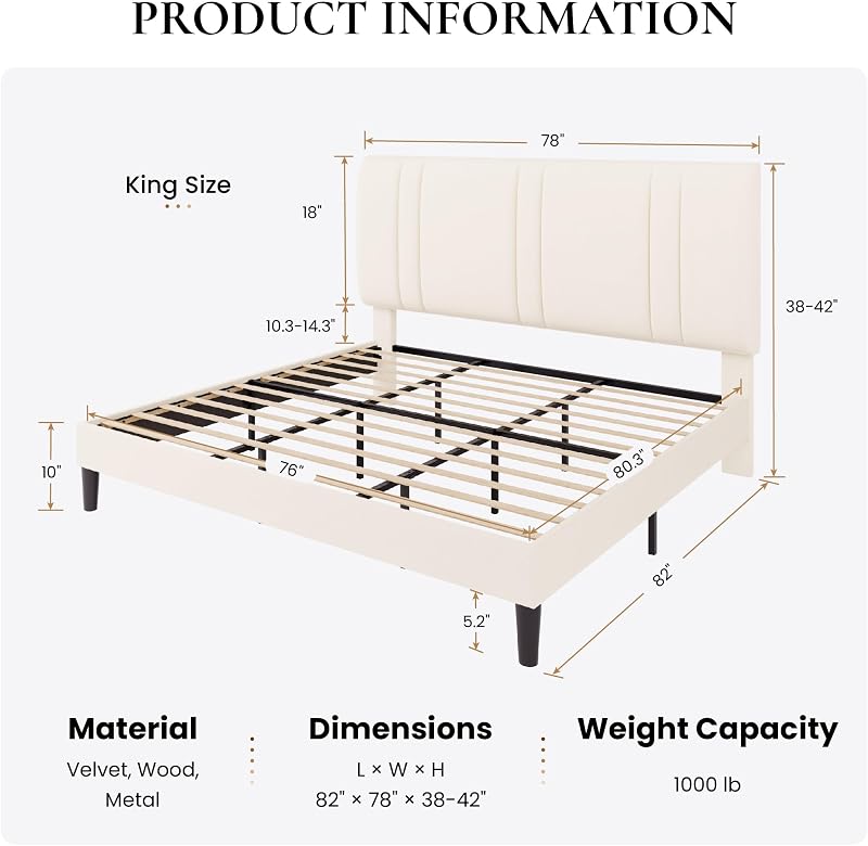SHA CERLIN King Size Velvet Bed Frame with Adjustable Headboard, Cream image 2