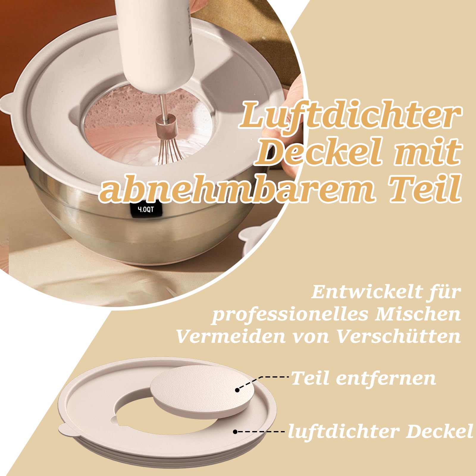 Terlulu Rührschüssel 6er Set, Edelstahl Schüssel Salatschüssel mit Luftdichtem Deckel & Silikonboden, 3 Reibenaufsätzen, Schüsselset zum Backen/Servieren, 6.6 L/3.8 L/2.4 L/1.9 L/1.4 L/0.6 L - Khaki