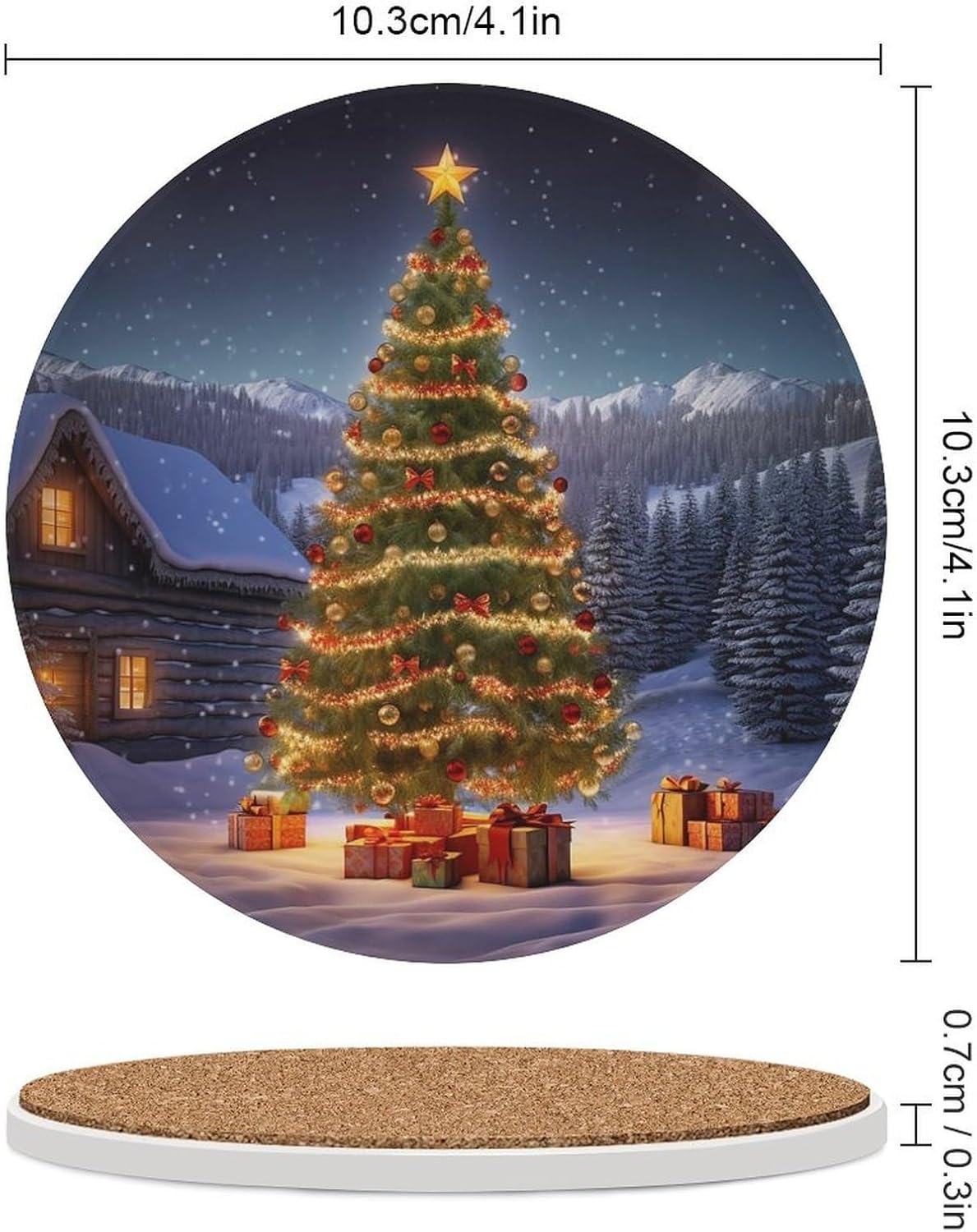6PCS Xmas Tree Coasters Non-Slip Round Drink Coasters with Ceramic Stone and Cork Base, Heat Resistant Absorbent 33.00Stone Coaster Set for Kinds of Mugs and Cups, 4 Inch