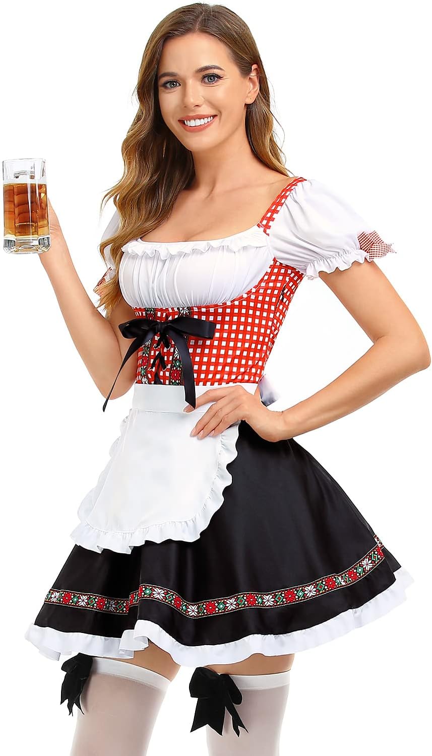 HiZiTi Oktoberfest Costumes Women Dirndl Dresses 2Pcs German Dresses for Oktoberfest Festival Bavarian Costume Beer Carnival