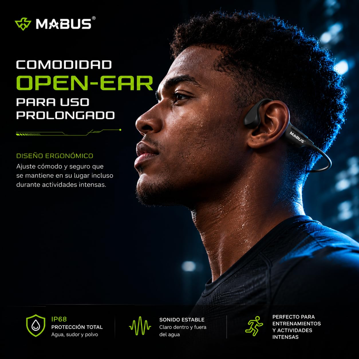 MABUS Cuffie guida ossea sportive IP68 – Bluetooth 5.4, 16 GB memoria interna, subacquee per nuoto, corsa e ciclismo, design Open-Ear, 8,5 ore con ricarica rapida