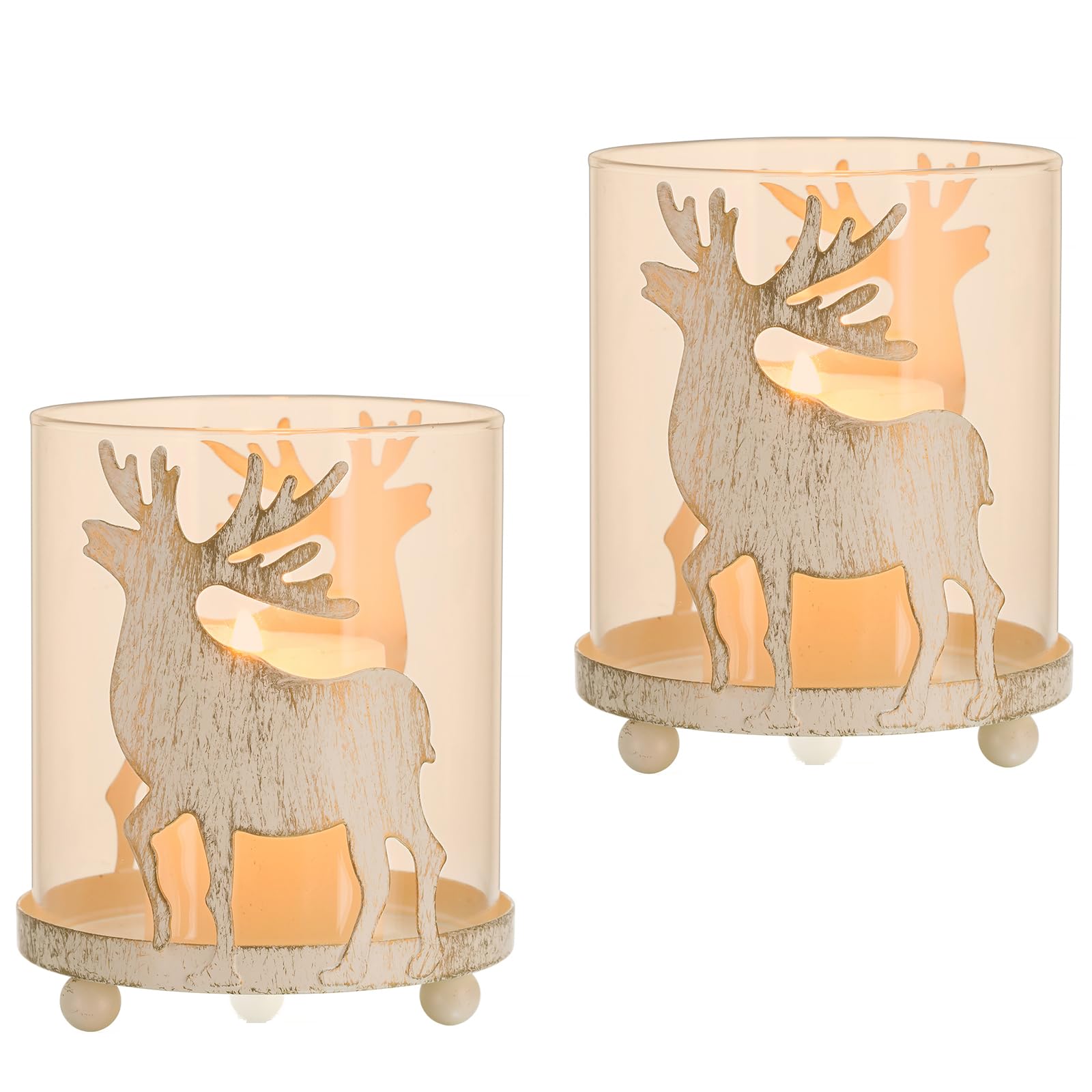 Sziqiqi Portavelas Candelabros de Navidad Juego de 2, Portavelas de Metal Blanco Decorativos Candelabros de Columna Velas Pequeñas Huracán Centro de Mesa para Decoración de Chimenea Manto Navideña
