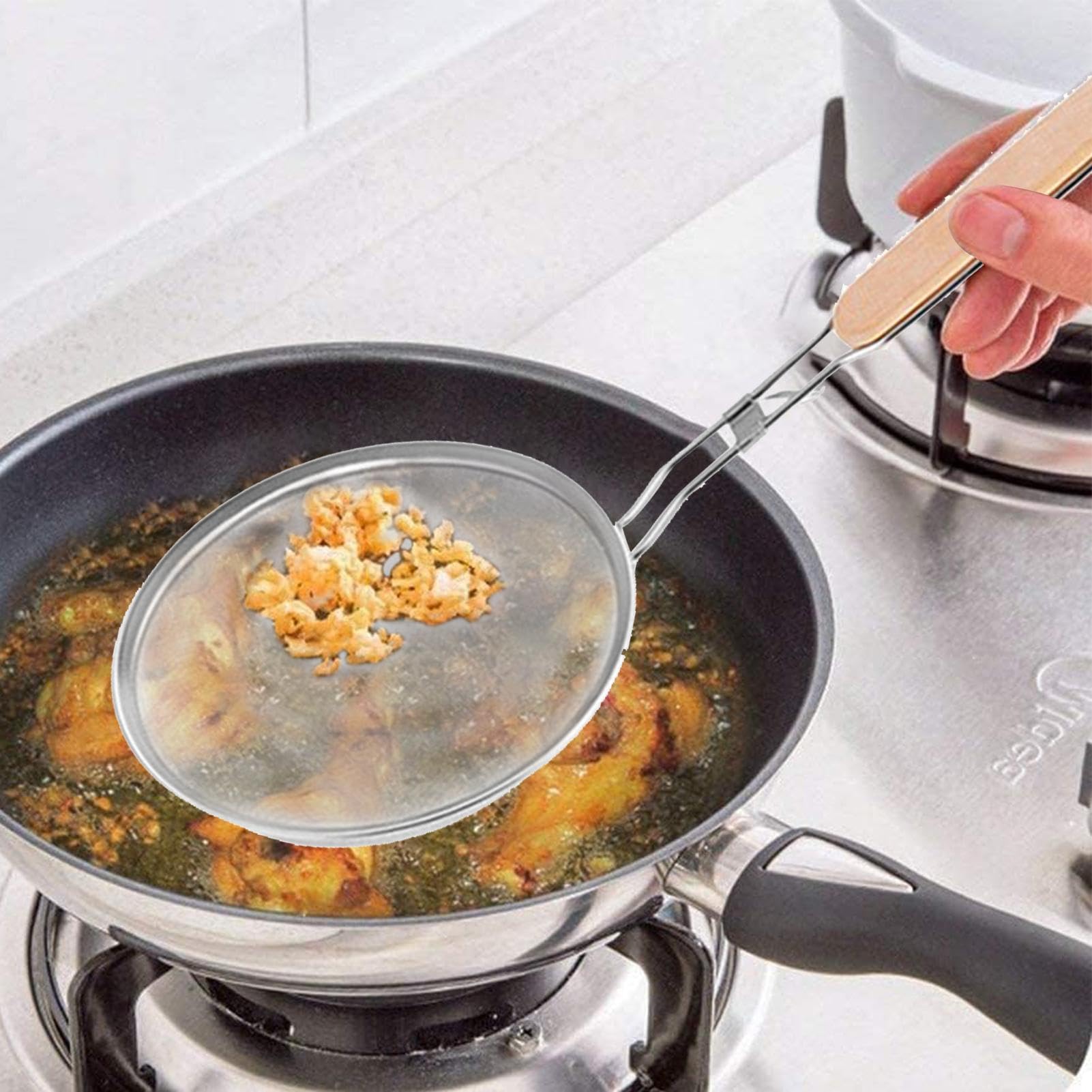 Colino Cinese In Acciaio Inox 18/8 Con Schiacciapatate In Legno – Maglia Ultra Fine Per Zuppe, Puree, Salse, Manico Lungo Con Gancio A L - 5