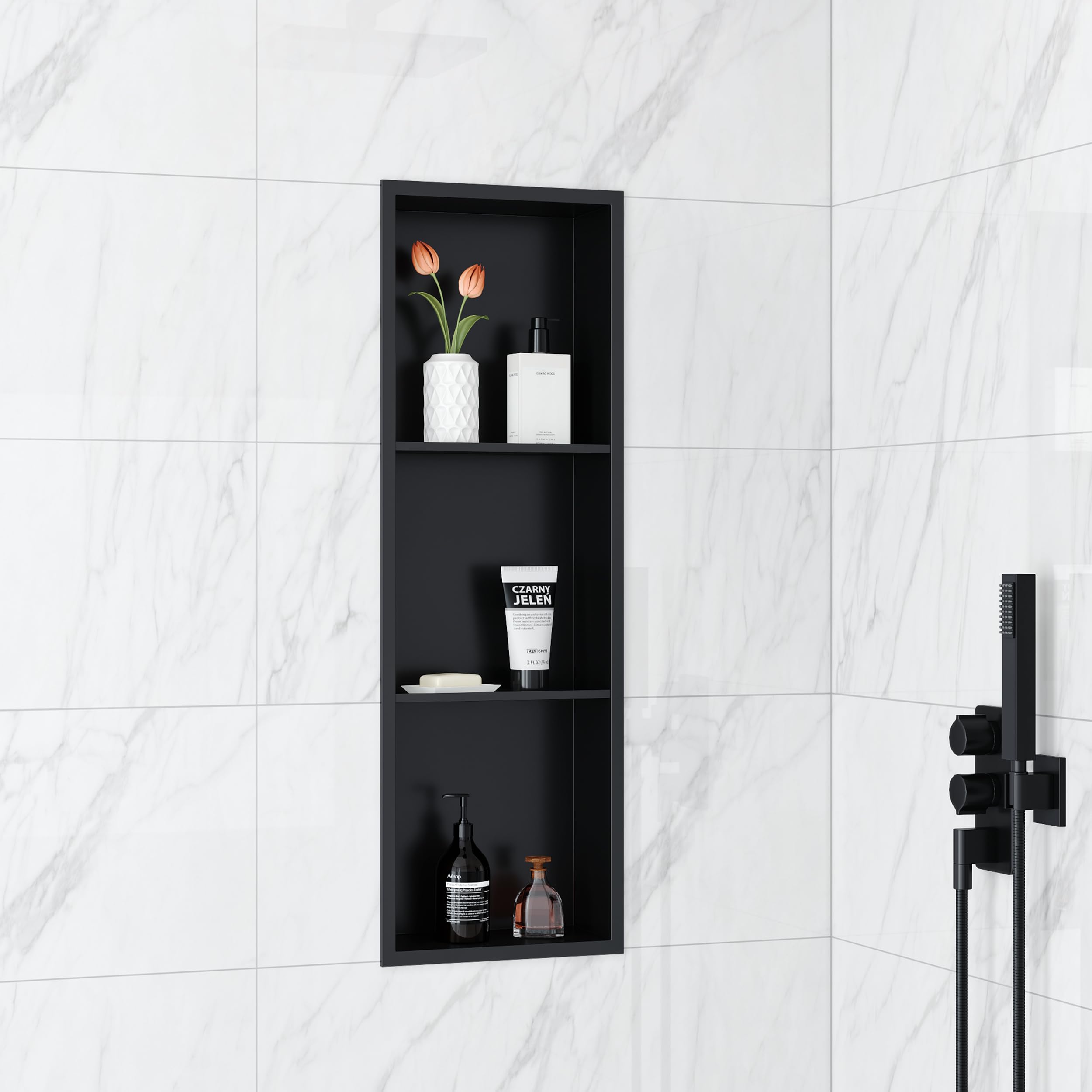 Qeke Shower Niche, Rust Resistant Recessed Shelf, 3 Tiers, 90 cm, Black