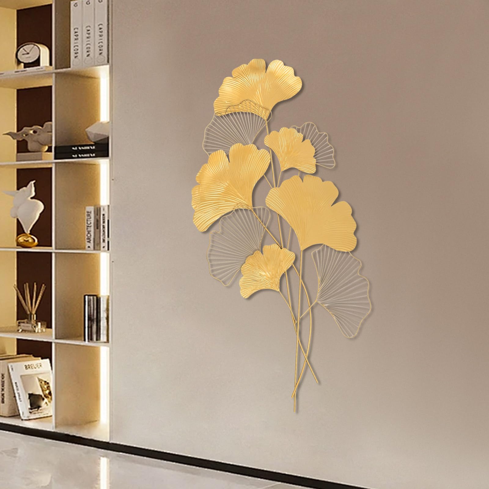 Décoration murale en métal - Motif feuille de gingko - Décoration murale métallique - Doré - 55 x 110 cm - Pour salle à manger, salon, salle de réception