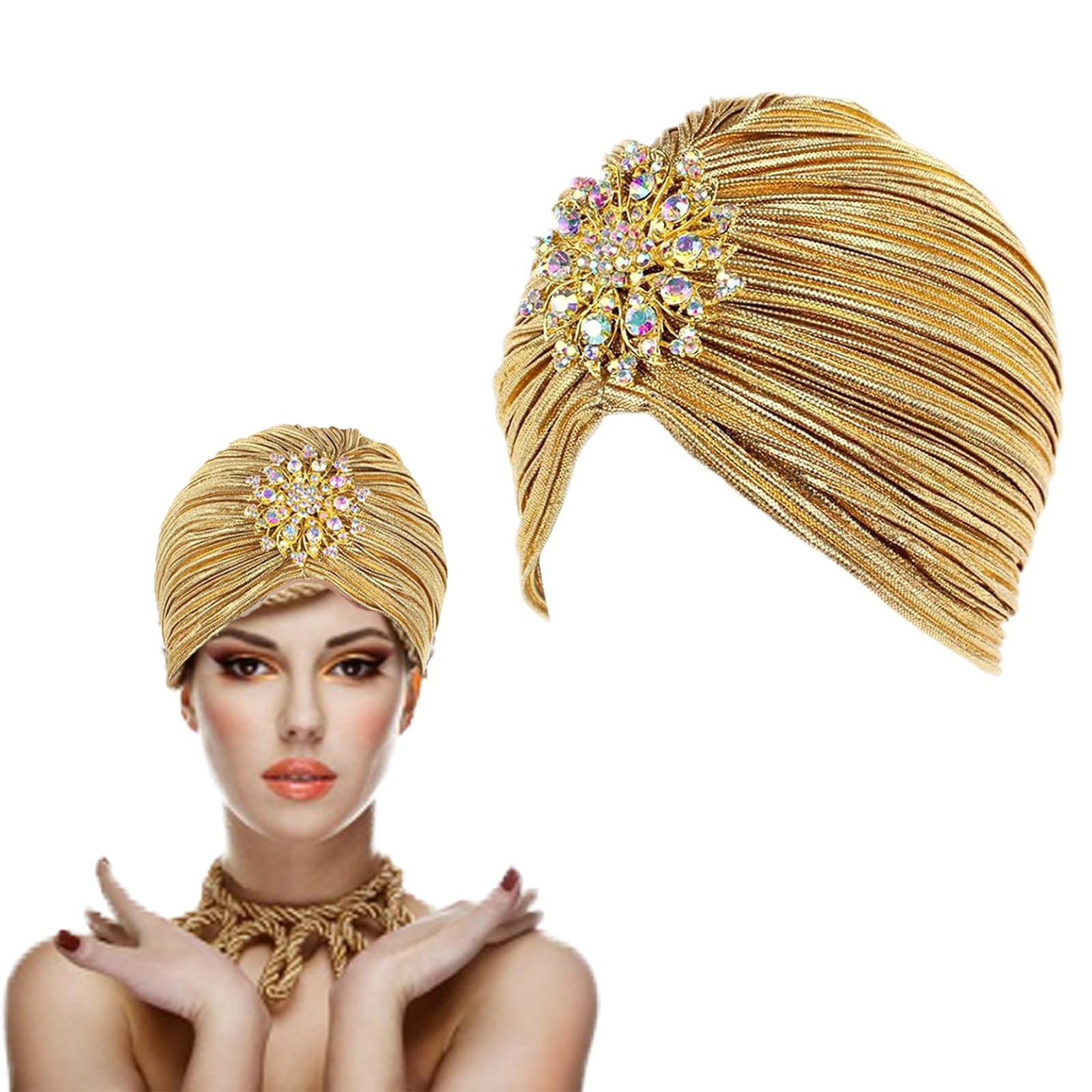 sylbx Vintage Turban Hat,Decorative Turban Hat,Glitter Turban Hat,Pleated Turban Hat with Removable Crystal Brooch,Perfect for Carnivals and Other Themed Parties, polyester fabric