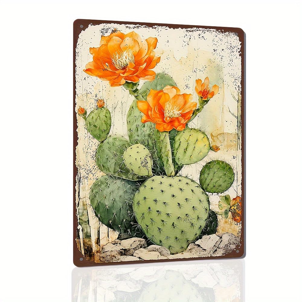 Letrero de hierro con diseño de flores de cactus, estilo Art Deco, placa decorativa de metal para colgar en la pared, multiusos, vintage, resistente al agua y al polvo, tema floral artístico, no