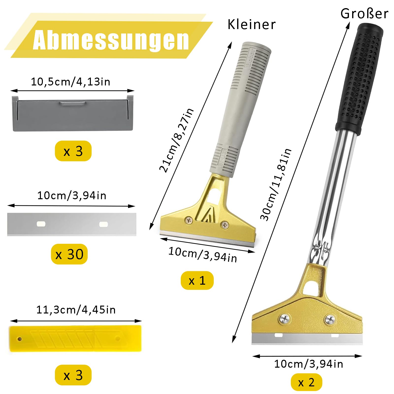 Raschietto per Vetri con 30 Lame in Acciaio Inox 3 pezzi Raschietto per Vetro Cucina per Piano Induzione, Piastrelle e Carta da Parati, Rimuove Colla e Adesivi, Attrezzo Professionale