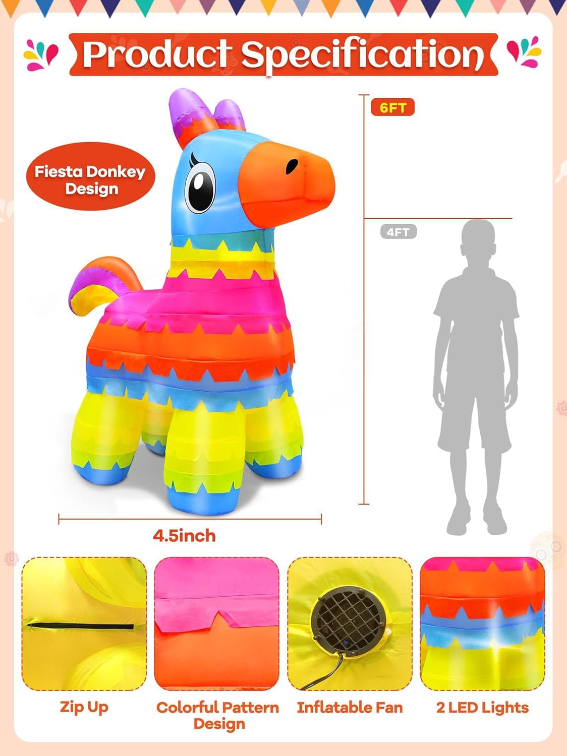 TURNMEON 6 Ft Cinco De Mayo Inflatables, Fiesta Inflatables Pinata Party Decorations Blow Up Fiesta Donkey Built-in LED Lights Mexican Theme Decorations for Fiesta Party Yard Garden Outdoor Decor