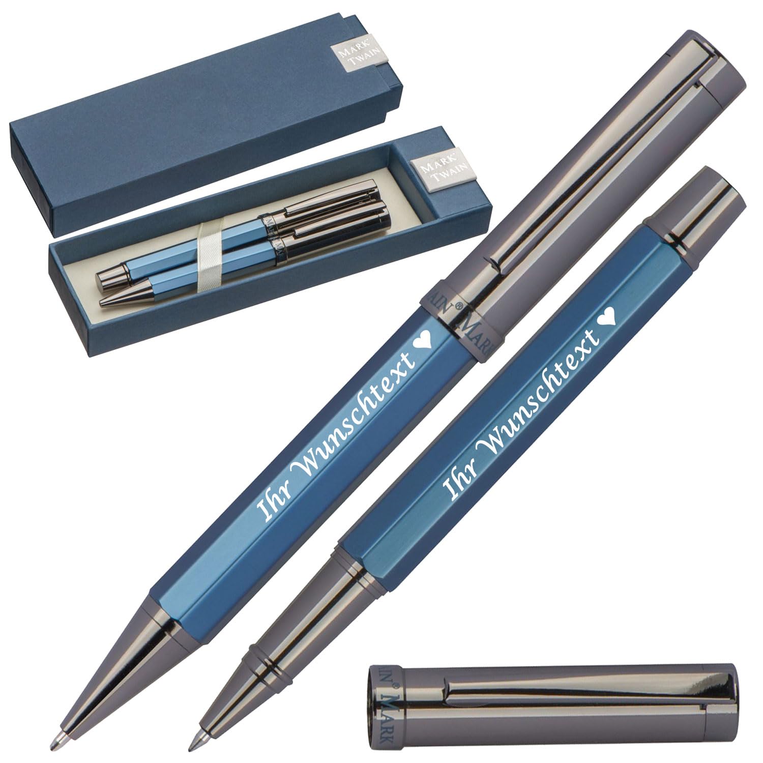 Mark Twain Schreibset mit Gravur | Kugelschreiber & Rollerball | blau schreibend | hochwertiges Metall | personalisierte Kullis | Gravierter Kugelschreiber mit Name | Wunschgravur