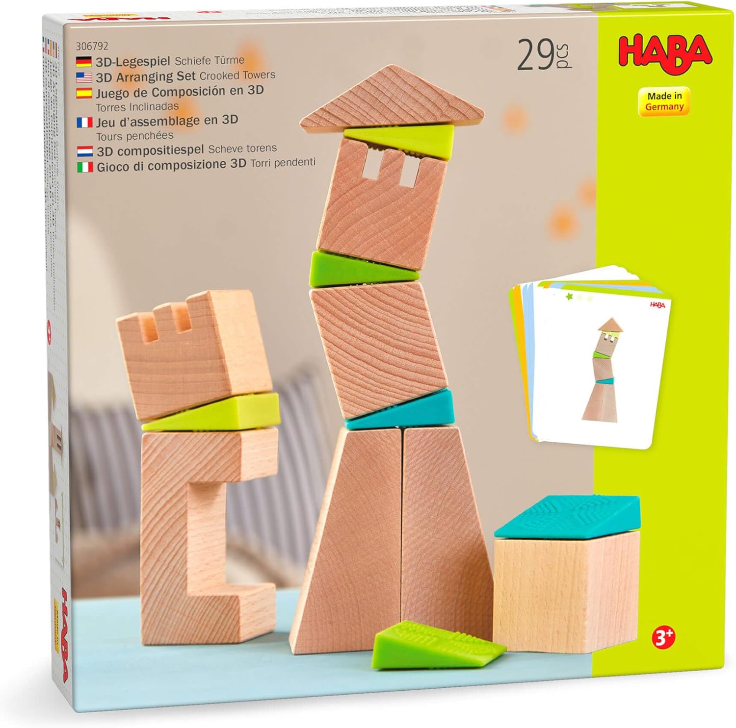 HABA Wooden Blocks Set Teetering Towers with Pattern Cards, Wood Block Set for Ages 4-8 for Fine Motor Skills, Made in Germany Creative Stacking Toy