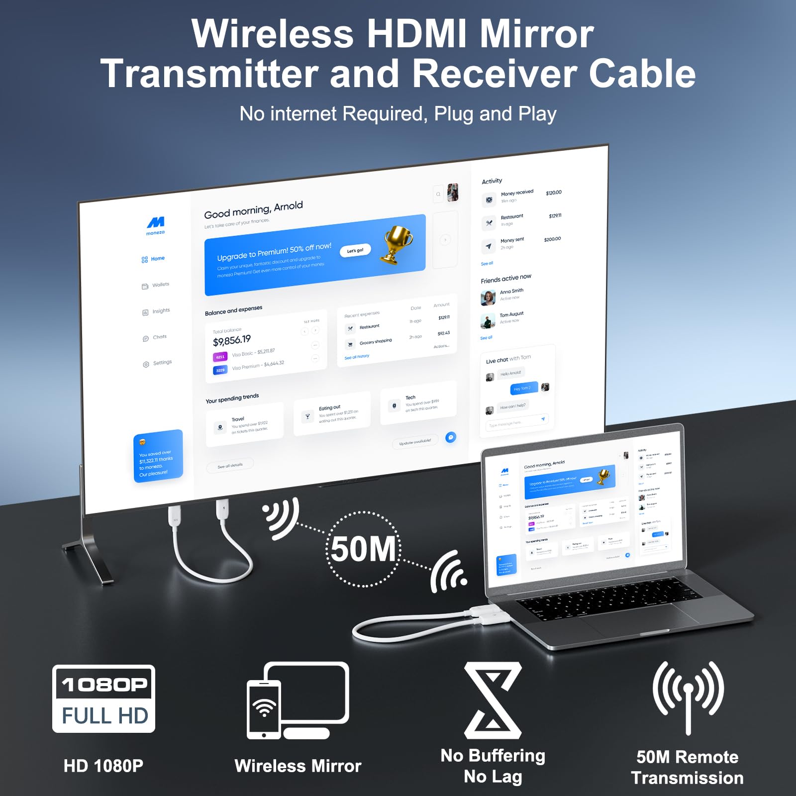Vrriis Wireless HDMI Transmitter & Receiver, HDMI Extender Kit