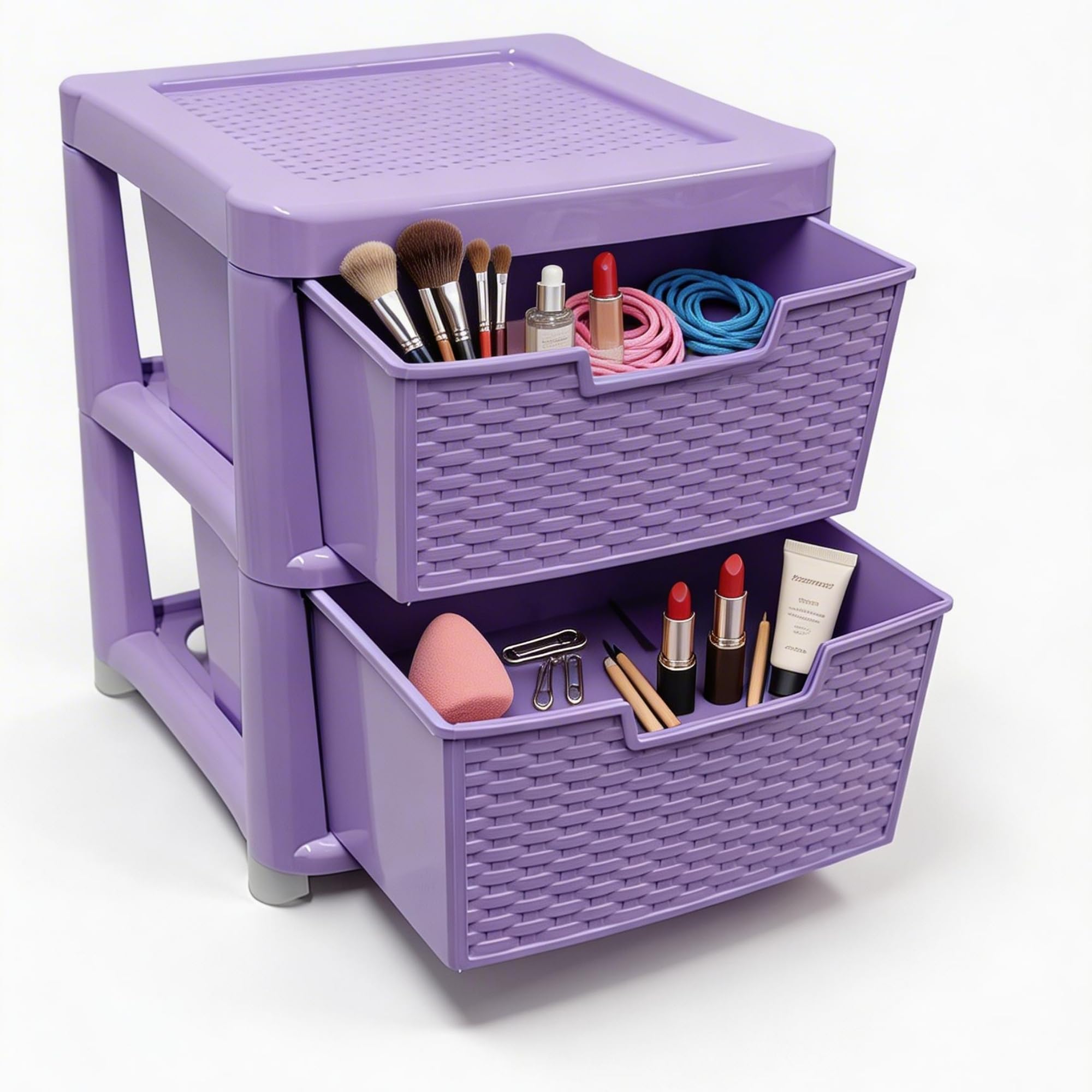 KYY'Z - Large Plastic Rattan Storage Drawers Unit with Deep Pull-Out Baskets - Durable Multipurpose Cabinet Organizer for Home Office, Bedroom, Bathroom, Garage, Utility Room (Lilac, 2 Tier)