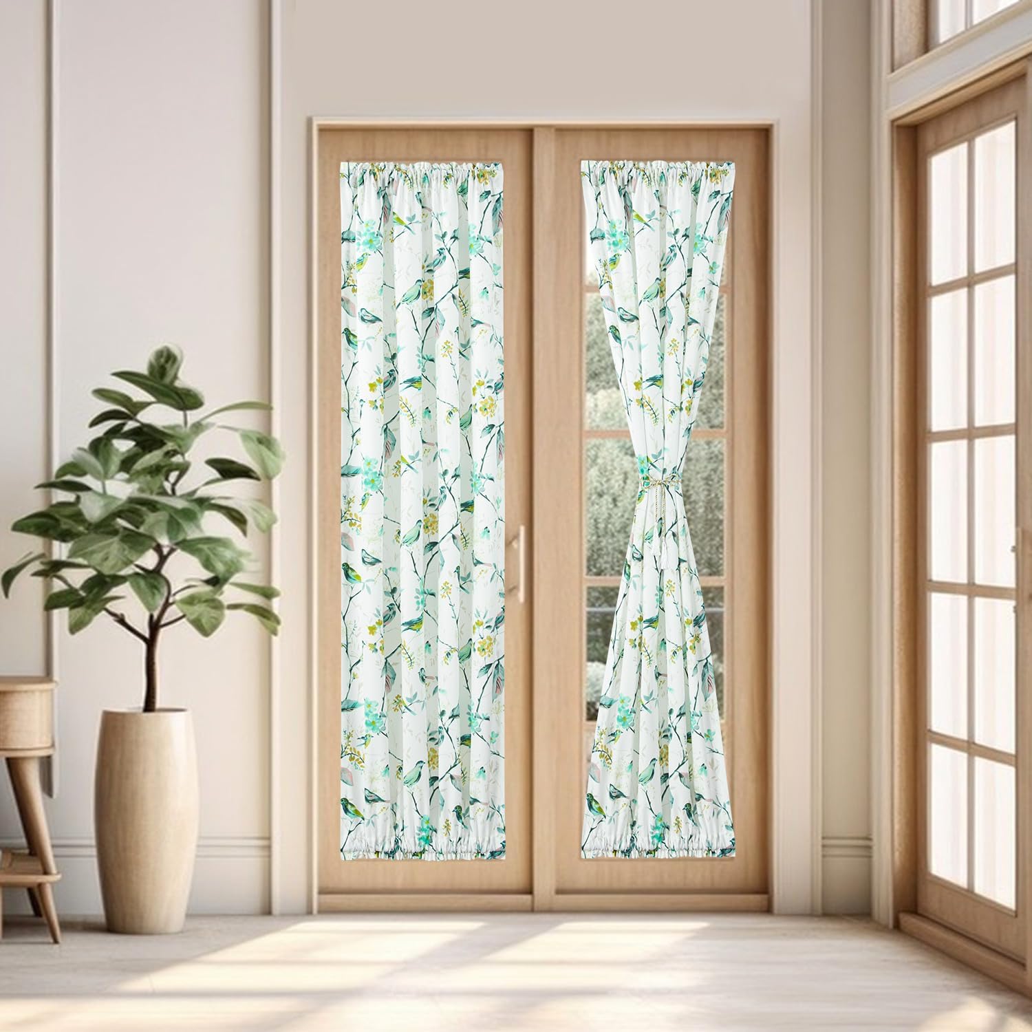 VOGOL Patio Door Curtains, Birds Floral Print Sliding Glass Door Curtains with Tieback, One Panel Rod Pocket Window Treatment for Doorways, 36 x 72 Inches