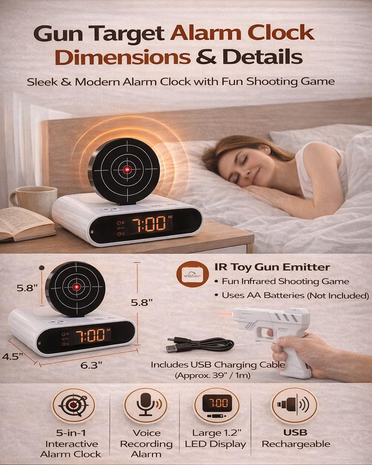 Gun and Target Alarm Clock, Digital LED Shooting Game Wake up Timer, Interactive Infrared Display, Custom Sound 2 Modes Desk Bedroom Office with Handheld Emitter 5v Fun Mornings(White)