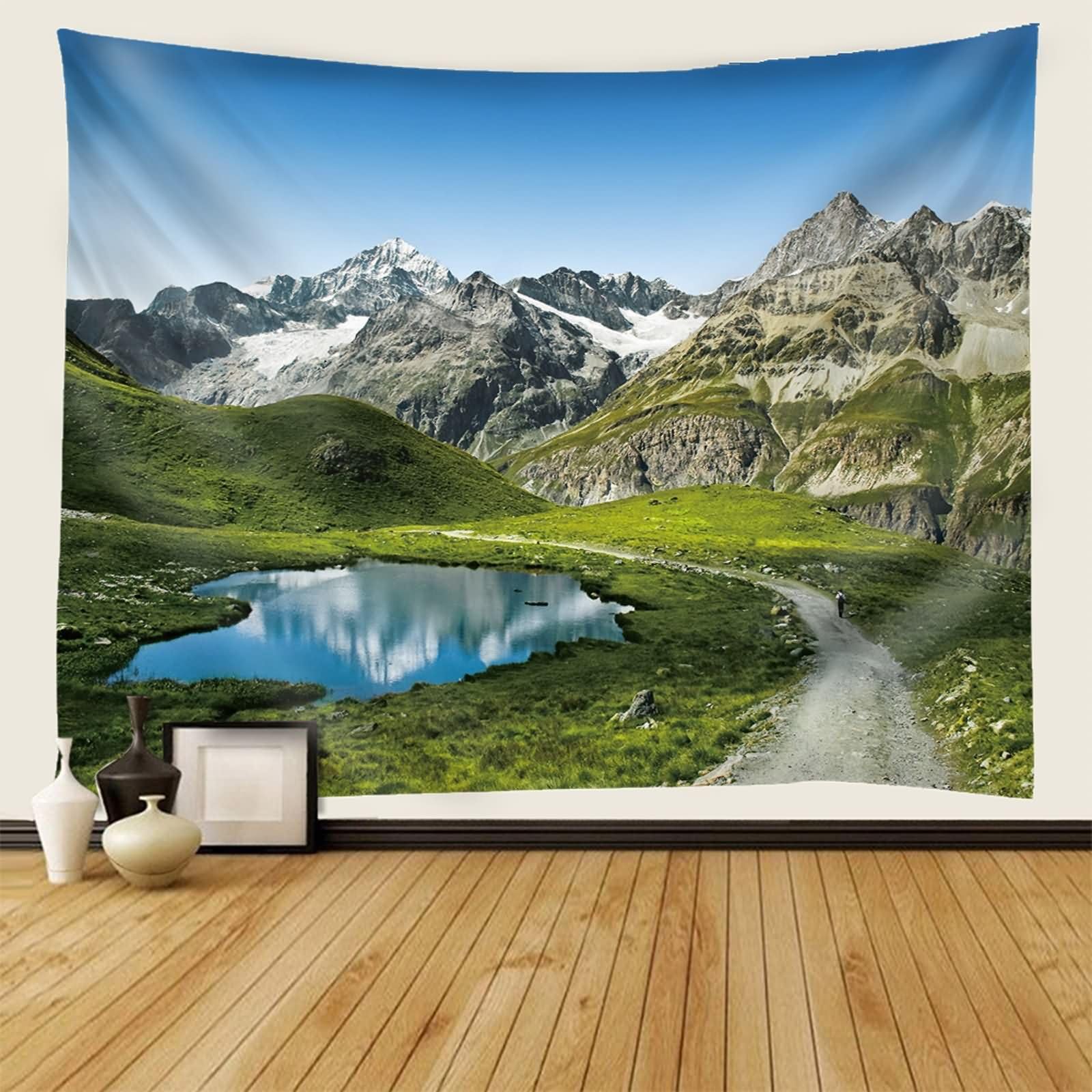 Homxi Wandteppiche Schlafzimmer Wanddeko 260 x 240 CM,Landschaft See und Berg Polyester Wandteppiche Wand Tuch Blau Grün
