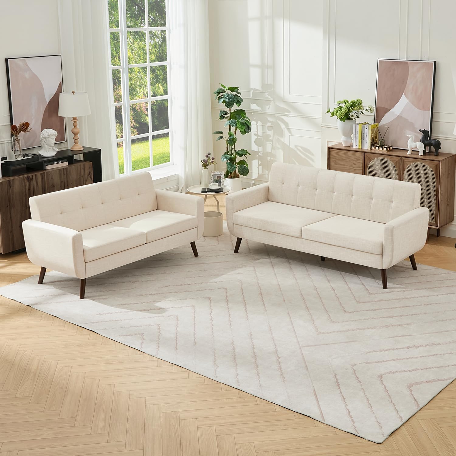 Tbfit Mid Century Modern Sofa Couch, Beige, Loveseat & Standard Sofa | linen fabric, button tufted, solid wood foot, pocket spring, wood slats frame
