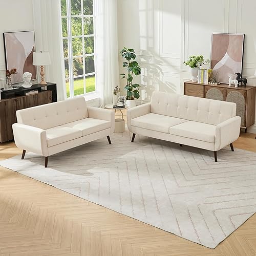 Miniatura 35 de Tbfit Sofá individual de tela de lino, silla de acento, sillón moderno de mediados de siglo para sala de estar, dormitorio, tapizado con botones,