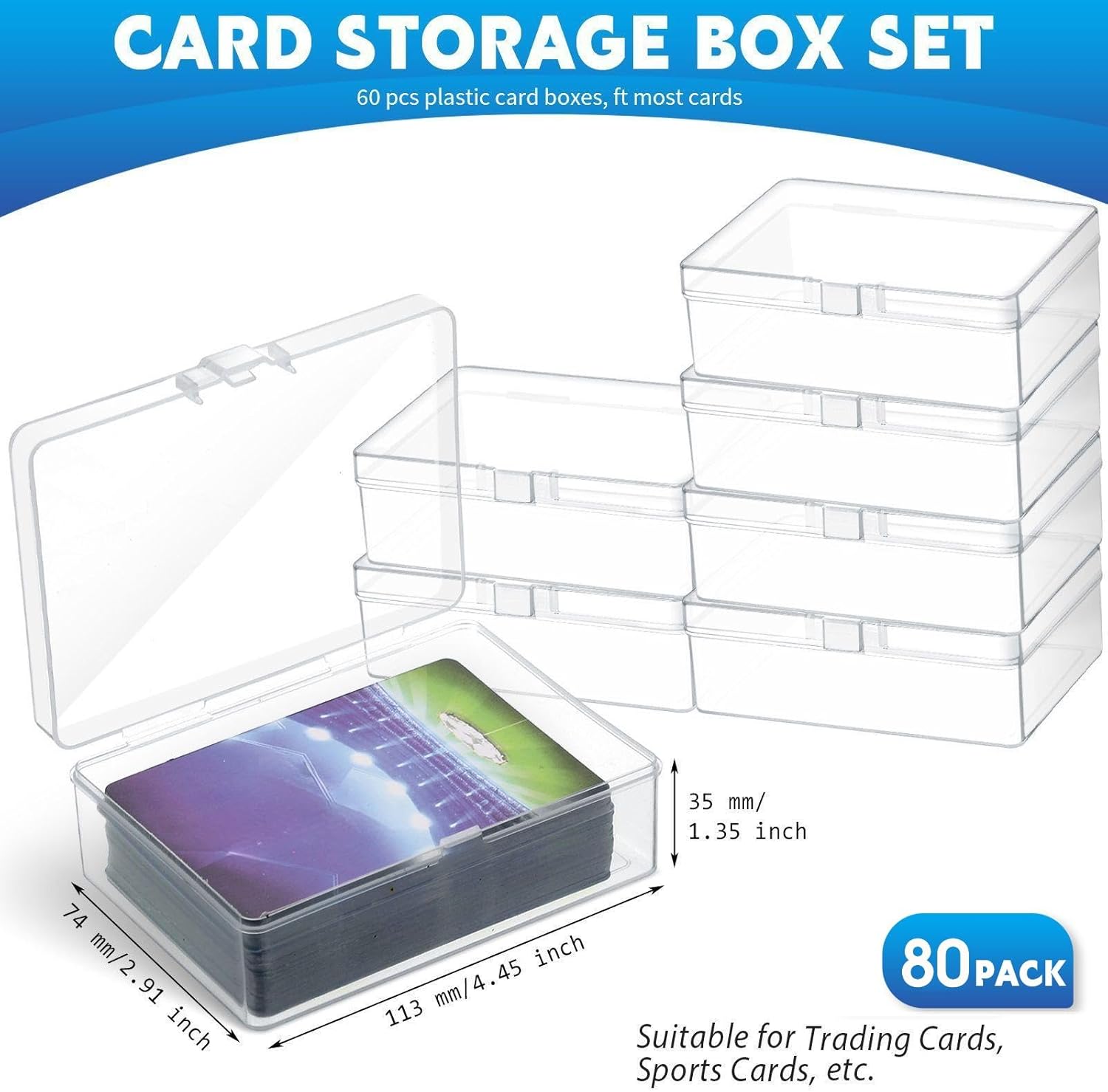 Vicenpal 80 Pcs Playing Card Boxes Clear Plastic Deck Cases Trading Card Storage Boxes Game Cases Holder 4.05 x 2.91 x 1.35 Inch