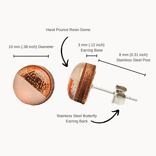 Miniatura 7 de Two Toned with Faux Hammered Metal 10mm Stud Earrings, Handmade, Posts for Sensitive Ears Stud for Women Men Girls (Desert Turquoise and Rose Gold