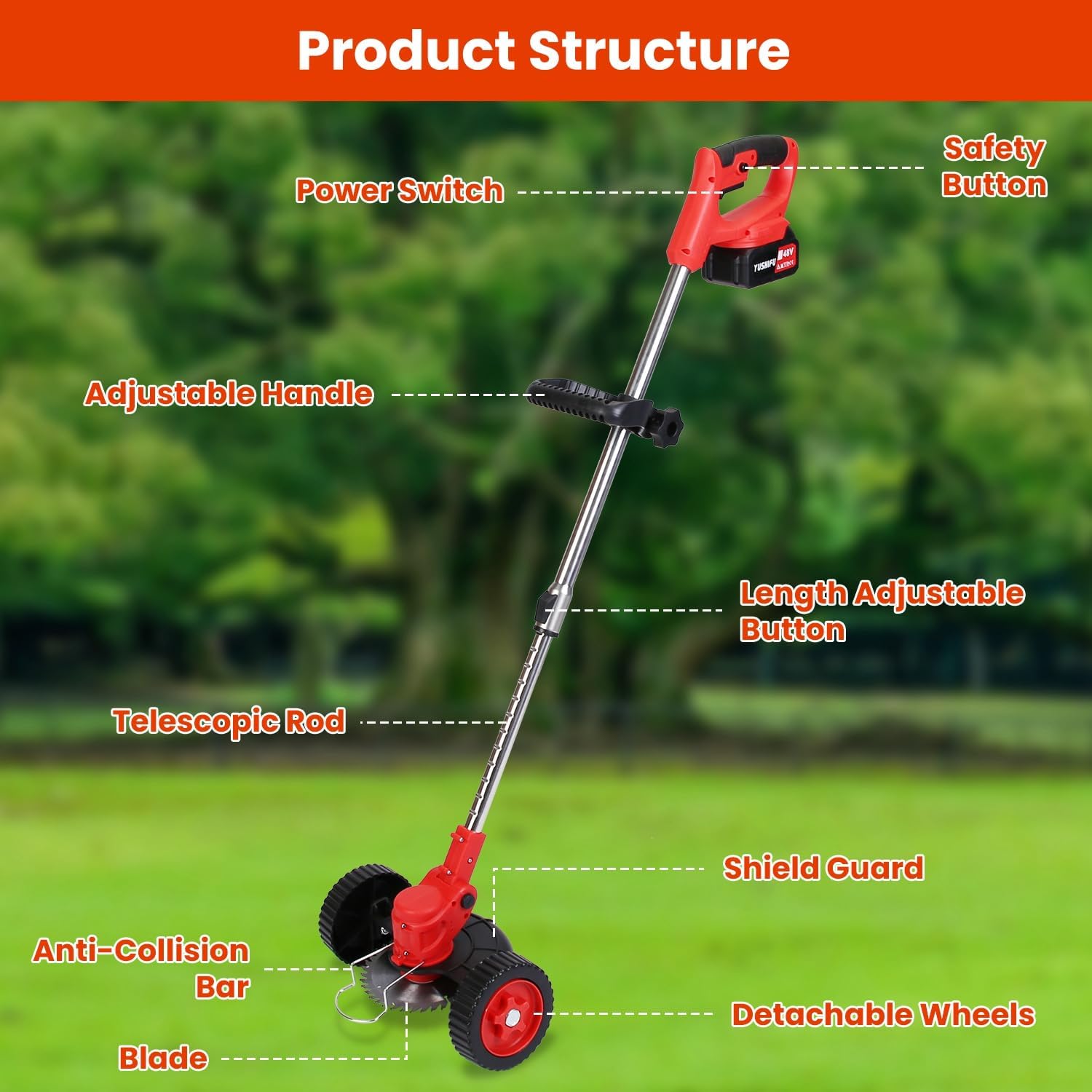 TeqHome Cordless Weed Wacker, Battery Powered Weed Eater 3 in 1 Stringless Grass Trimmer with 3 Types Blades and 2Pcs 2.5 Ah Battery, Adjustable Length for Yard Lawns Garden (25 Blades, Wheels)