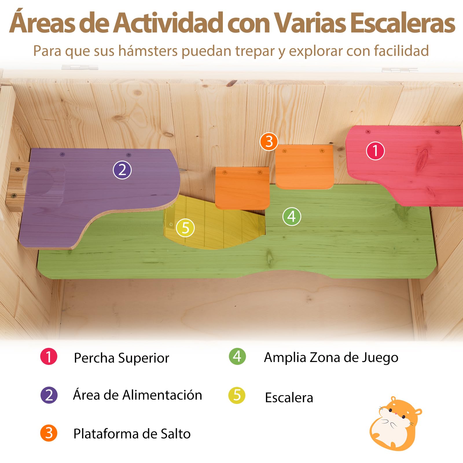 GYMAX Jaula de Madera para Hámster, Casa para Hámster con Techo Abatible de Malla, Paneles de Acrílico Transparente, Múltiples Niveles y Zonas de Juego, para Mascotas, 60 x 35,5 x 42 cm
