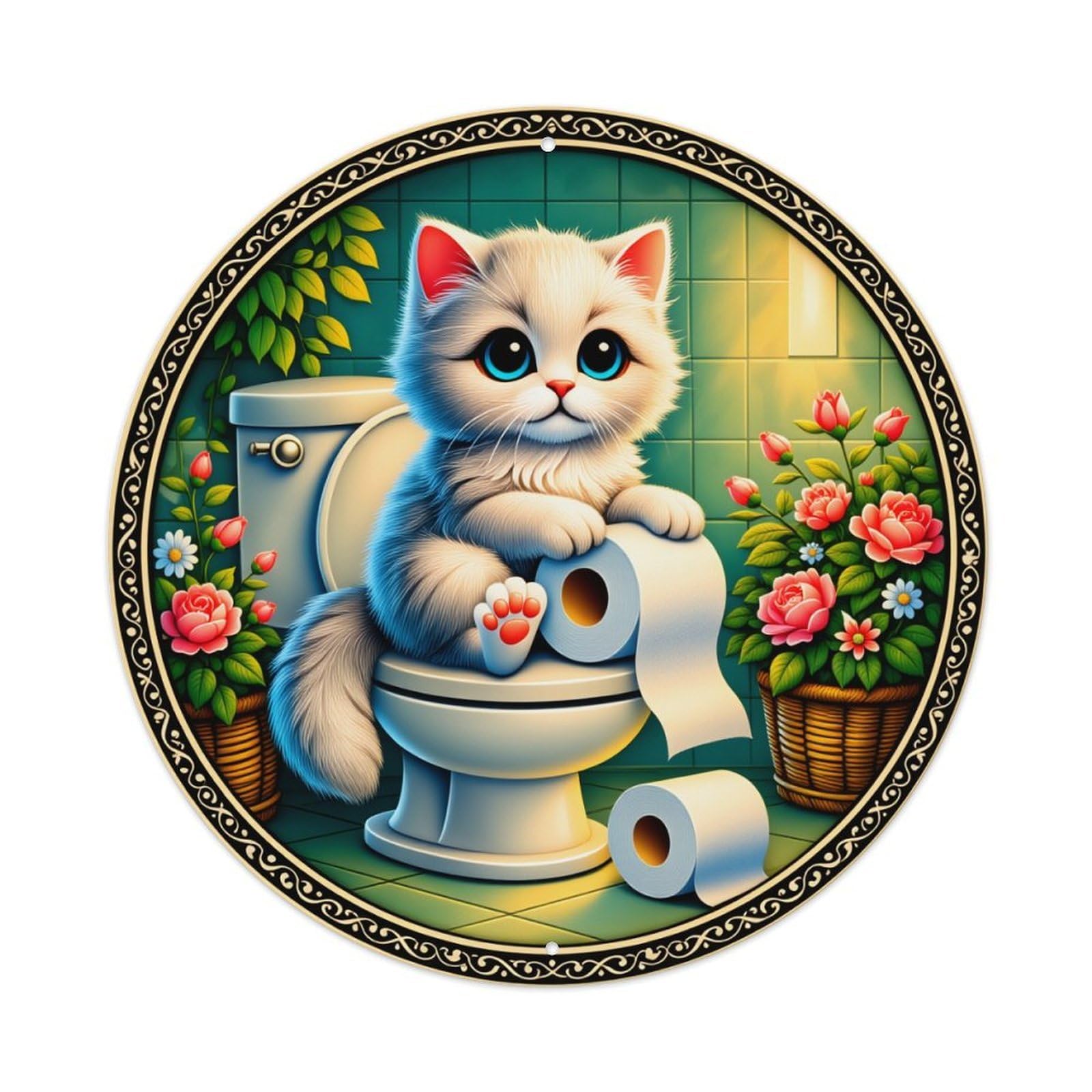 Cute Cat Toilet Paper Flowers Round Tin Sign Vintage Style Metal Sign Home Bar Garden Wall Plaque Decor Metal Poster 8x8 Inch