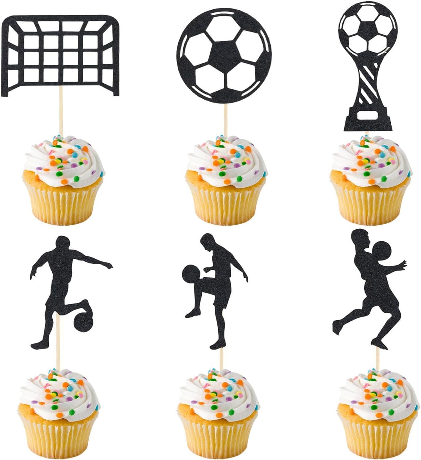 6Pcs Soccer Cupcake Toppers - Black Glitter Soccer Theme Cupcake Decorations for Soccer Player & Birthday Party Supplies