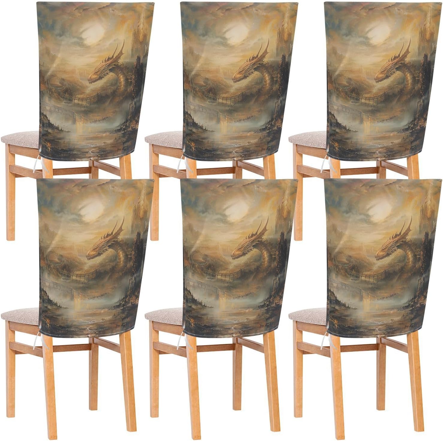ALAZA Dragon in The Dreamy Landscape Chair Back Cover Set of 6, Washable Reusable Removable Chair Slipcovers Decorative Chair Cover for Home Kitchen Wedding Party